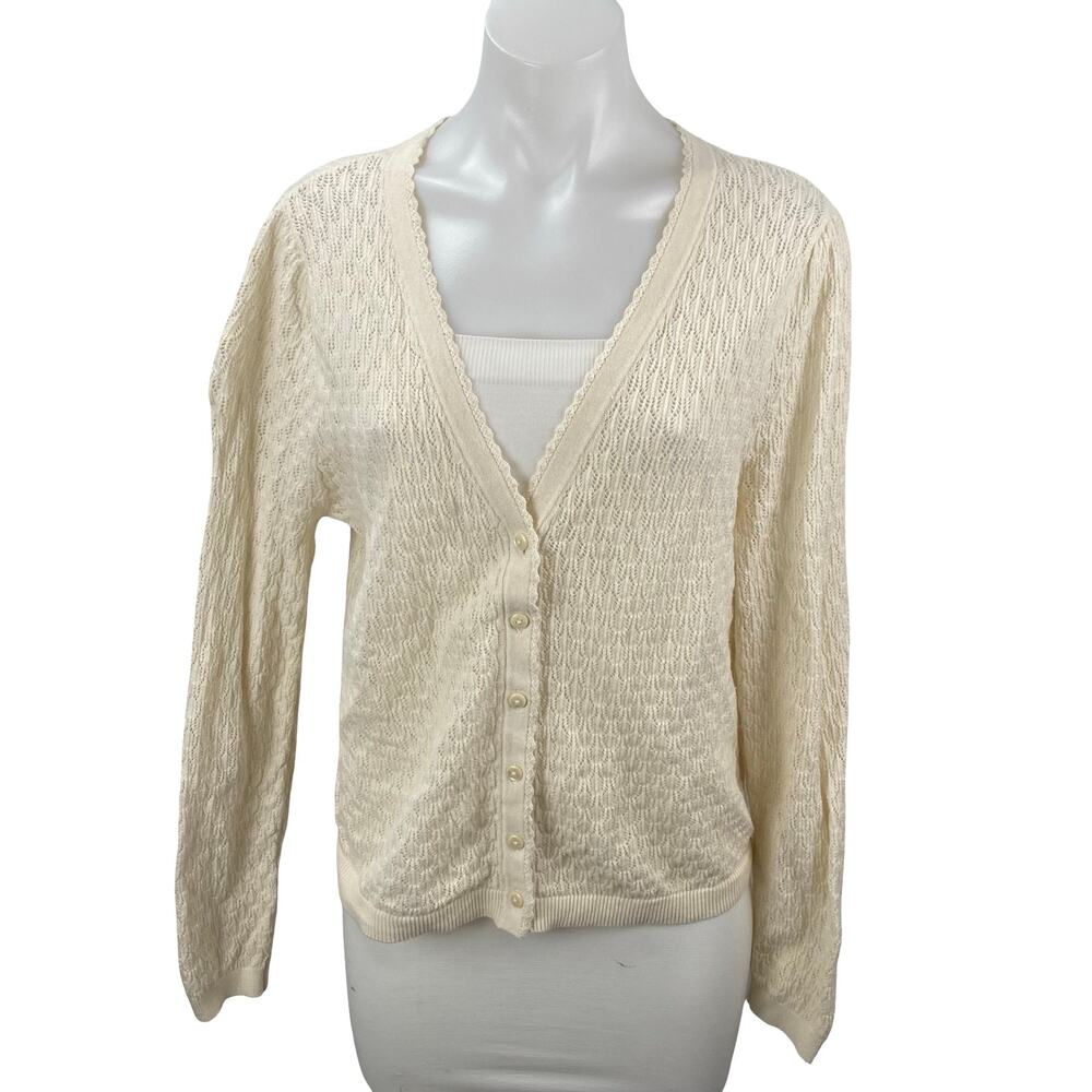 Old Navy Women's Cream Long Sleeve Button Up Pointelle Cardigan Sweater Top Sz L